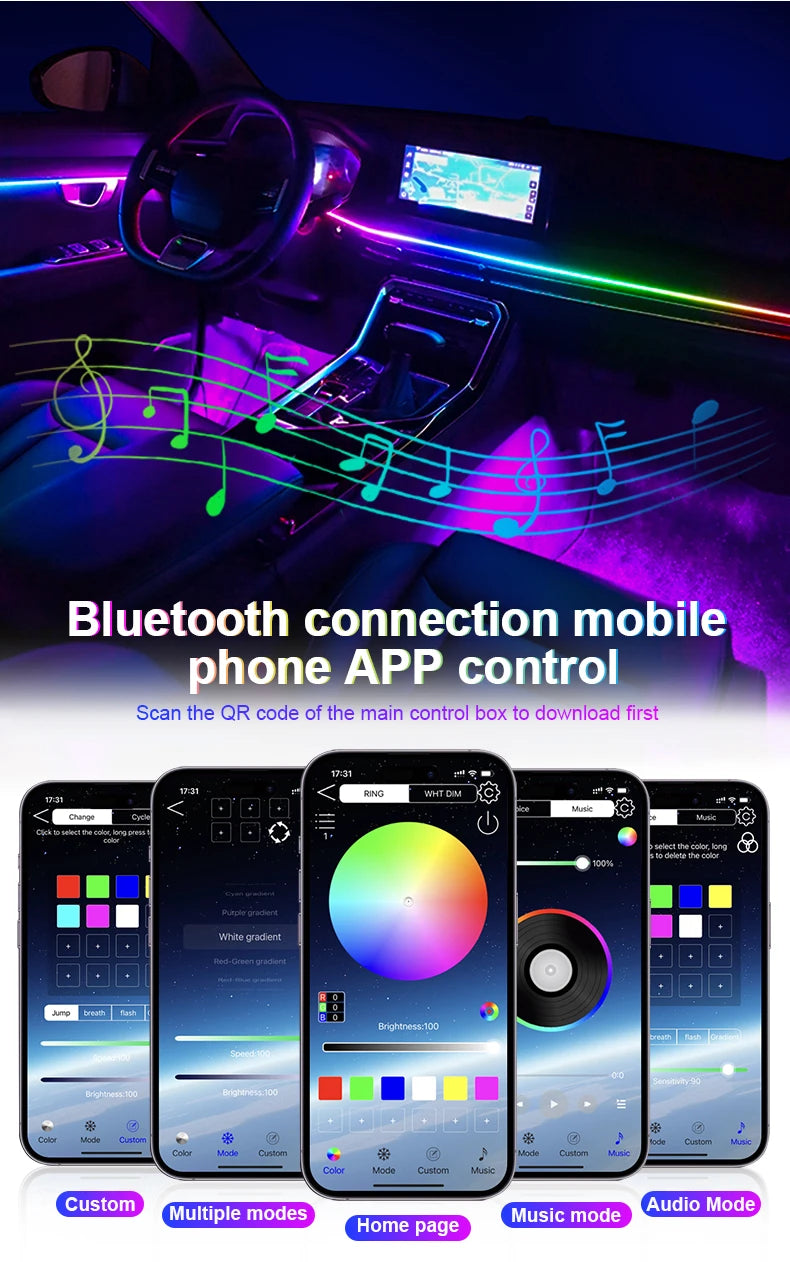 14/18 in 1 Led Acrylic Car Ambient Light RGB 64 213 Color Symphony Acrylic APP Streamer Atmosphere Lamp Kit One Zone Dual Zone