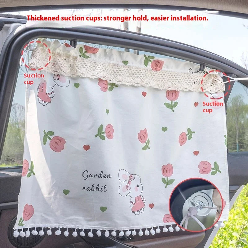 Car Side Window Sunshade Curtains Suction Cup Checkered Design Car Accessories Light-Blocking Lace Trim Car Privacy Curtains