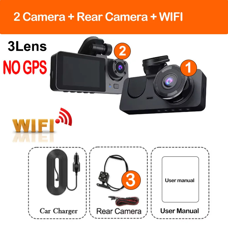3 Lens Car DVR 4K WIFI GPS Car Dash Cam Video Recorder 1080P inside Front and Rear View Cameras 24H Parking Monitor Black Box