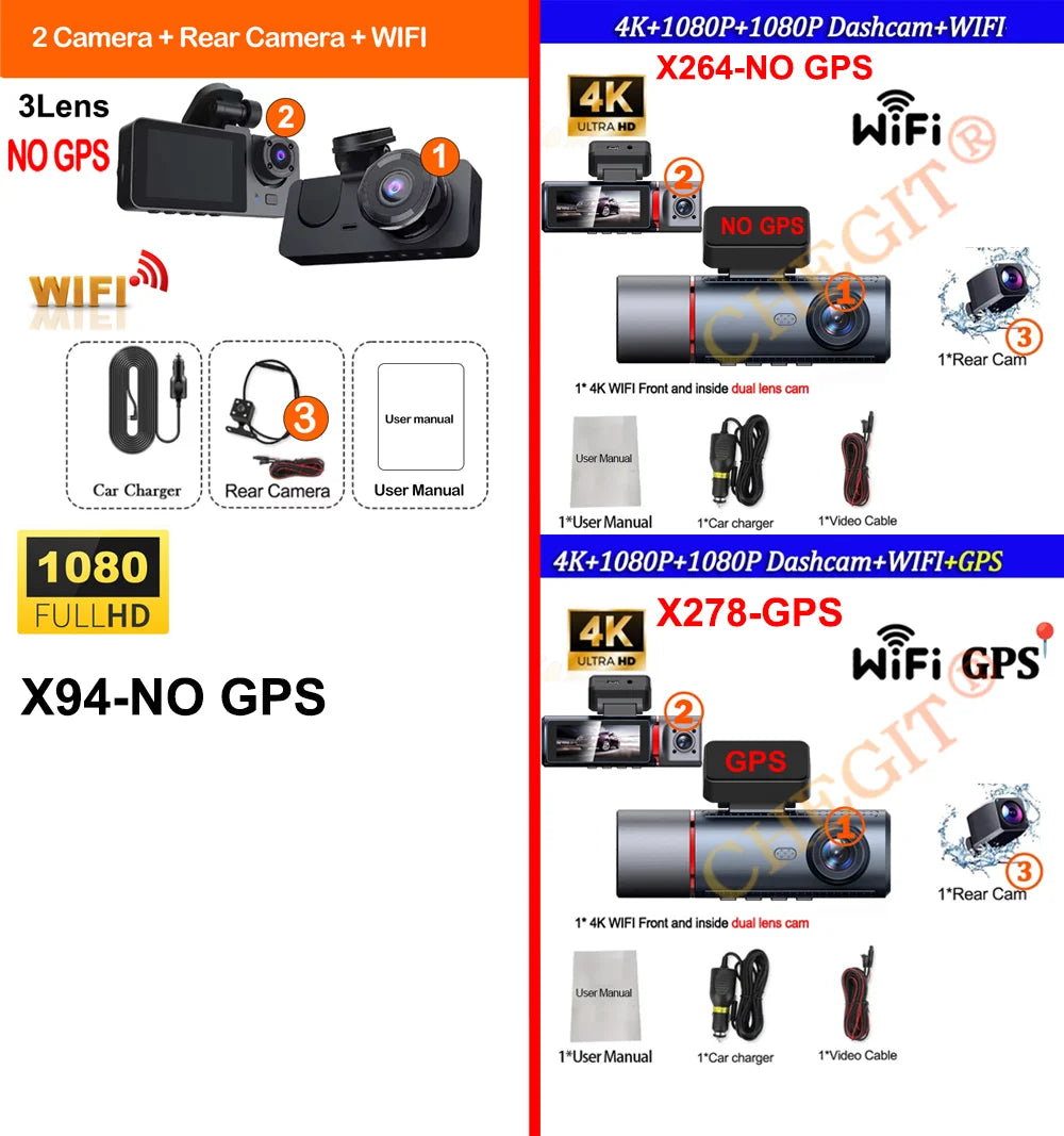 3 Lens Car DVR 4K WIFI GPS Car Dash Cam Video Recorder 1080P inside Front and Rear View Cameras 24H Parking Monitor Black Box