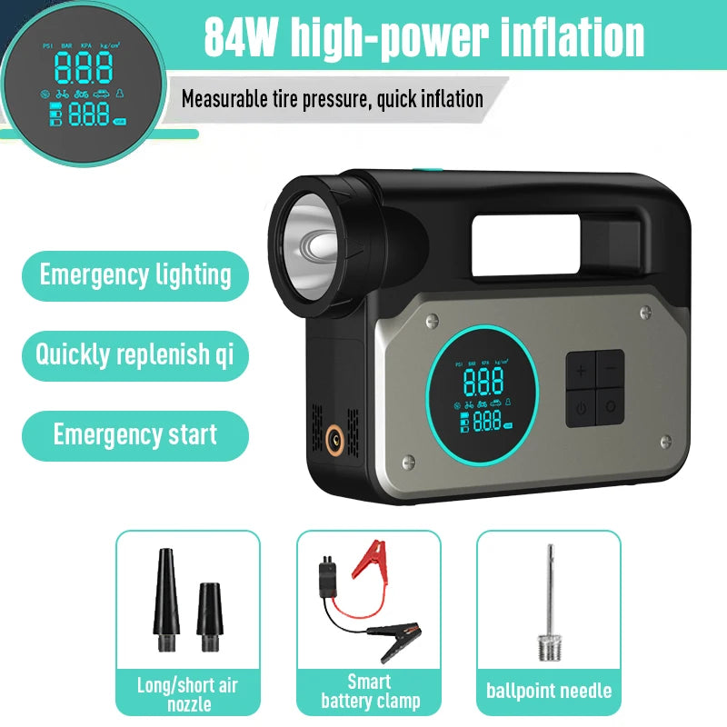 Car Jump Starter & Air Inflator - 10.2 Bar Fast Fill, -40°C Low-Temp Work 12V Lead-Acid Battery, LED Flashlight & USB Charger
