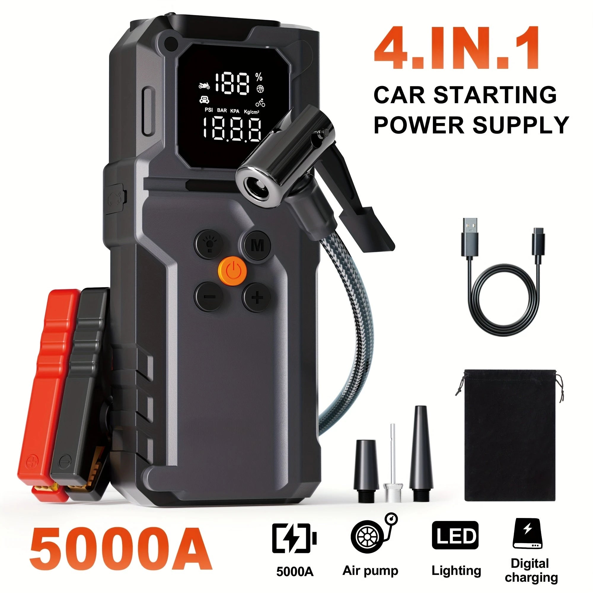 Car Jump Starter With Air Compressor,5000A Battery Jump Starter Pack, Power Bank USB QC3.0 Battery Booster Jumper Tire Inflator