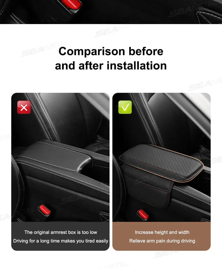 Leather Car Armrest Box Pad Memory Foam Center Console Arm Rest Protector Cover with Storage Pocket Elbow Rest Cushion