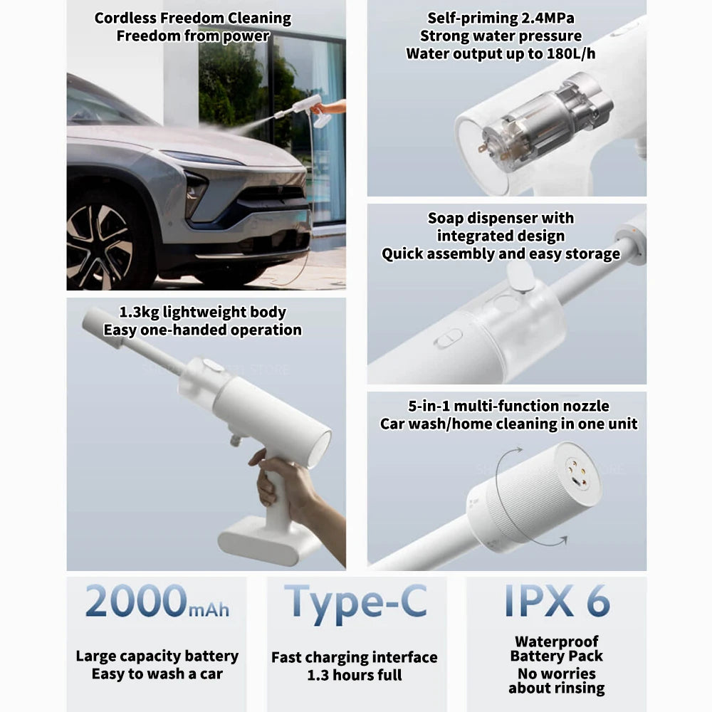 Xiaomi Mijia Electric Car Washer Gun 2.4MPA High Pressure Cleaner Foam Nozzle Auto Cleaning Care Cordless Car Washing Water Gun