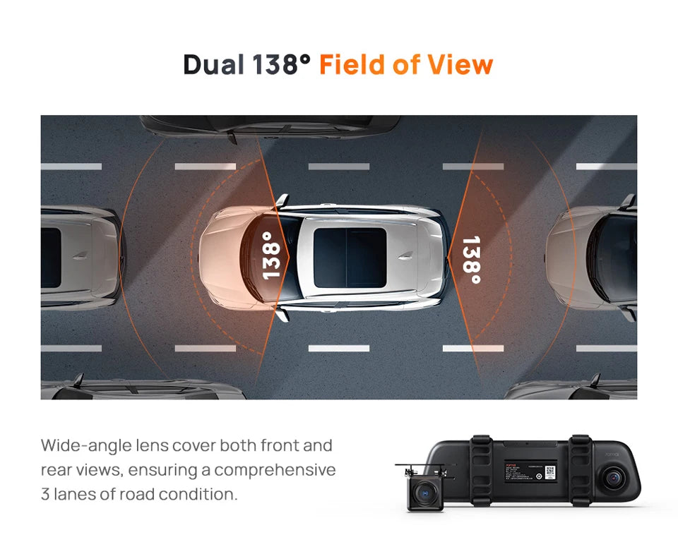 70mai Rearview Dash Cam S500 9.35'' Touch Screen 70mai S500 Car DVR 3K Super Capacitor Dual-Channel HDR Voice Control 24H Park