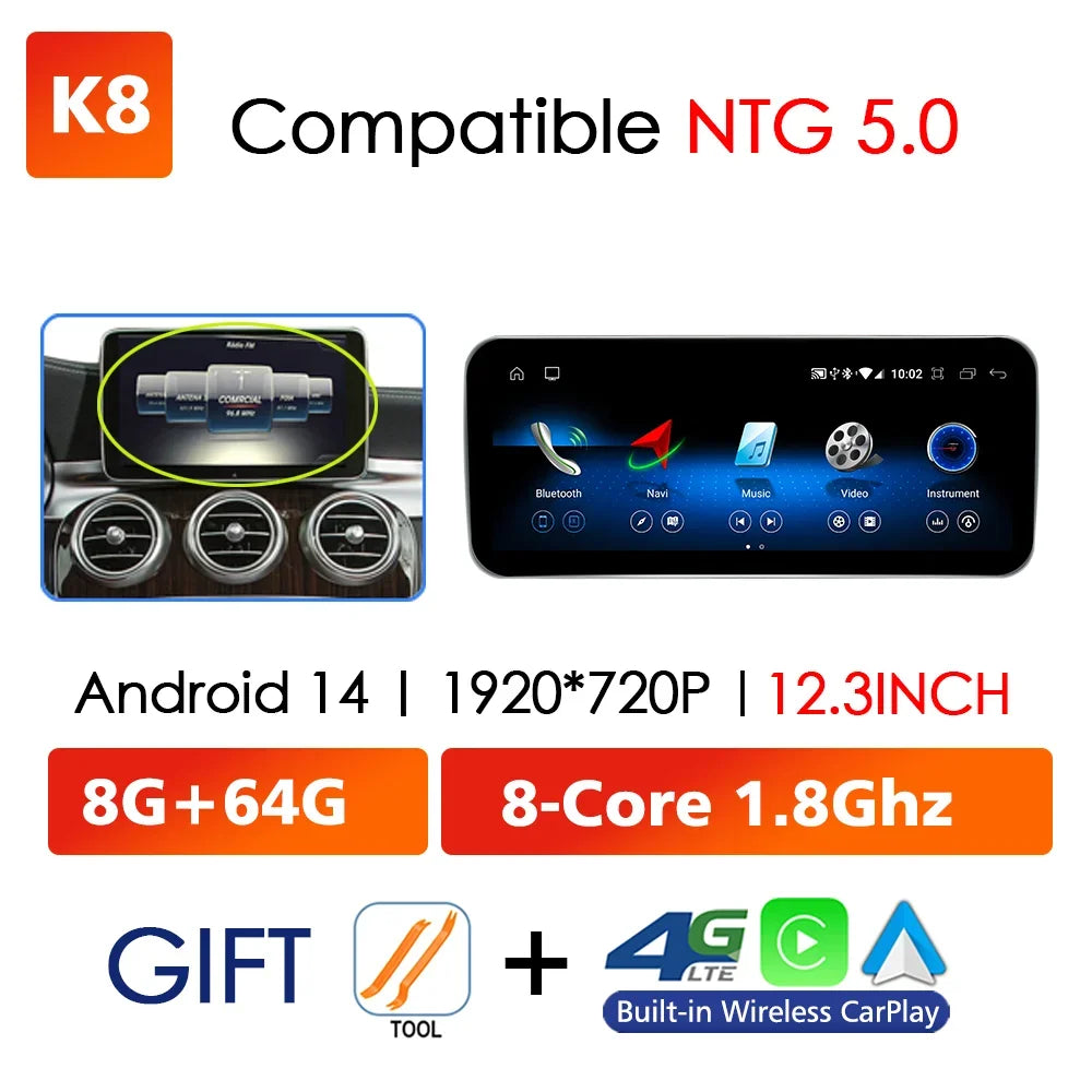 Android 14 Wireless CarPlay For Mercedes Benz C Class W205 Screen Android Auto Multimedia Navigation GPS SWC DSP 4G WiFi