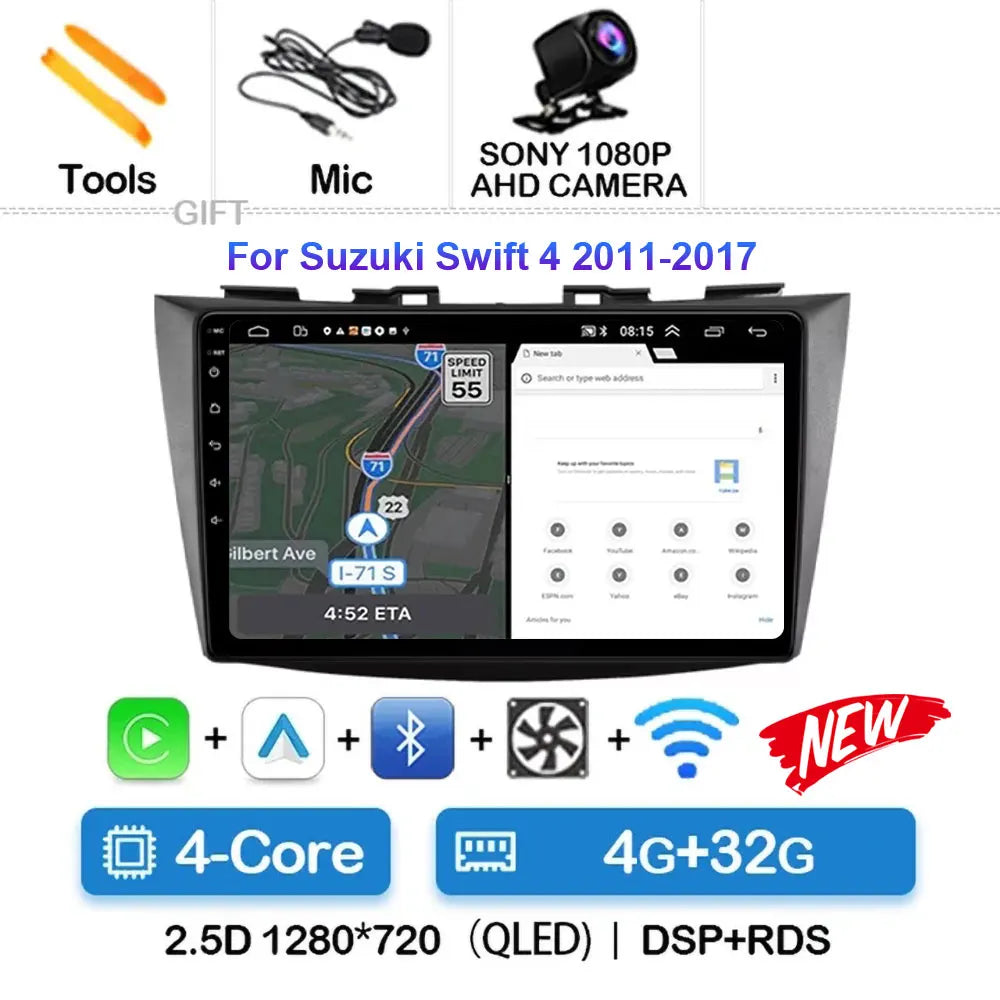 Android 15 Car Radio For Suzuki Swift 4 2011-2017 Wireless Carplay Auto Radio Multimedia Player 4G Wifi GPS DSP 48EQ 2din