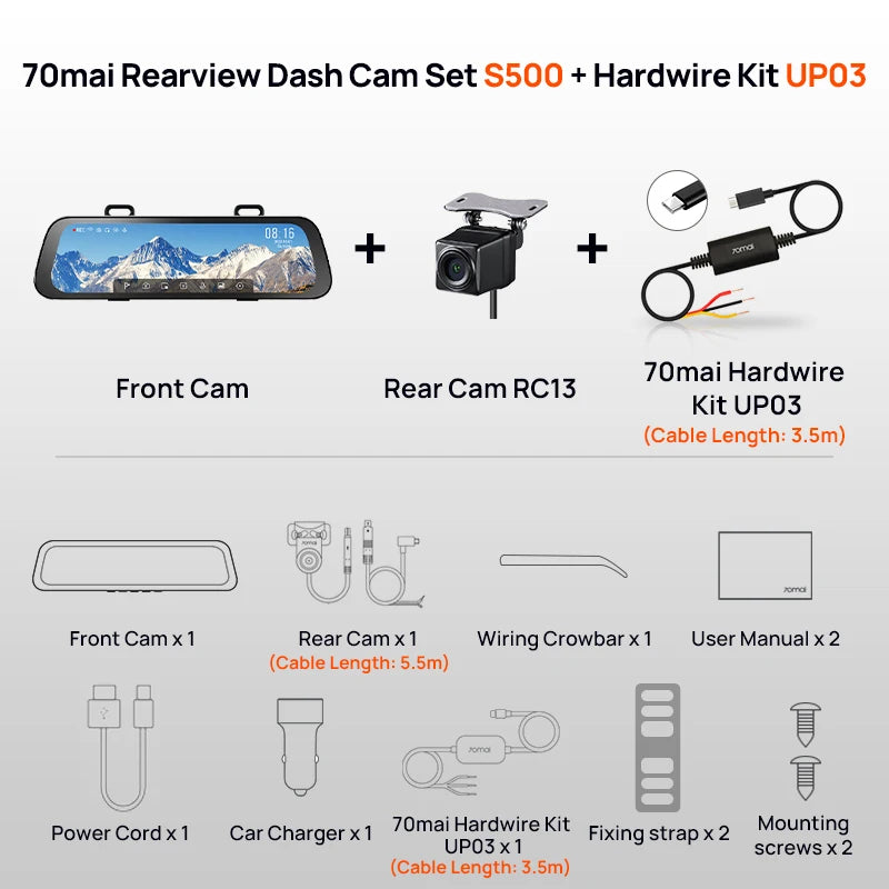 70mai Rearview Dash Cam S500 9.35'' Touch Screen 70mai S500 Car DVR 3K Super Capacitor Dual-Channel HDR Voice Control 24H Park
