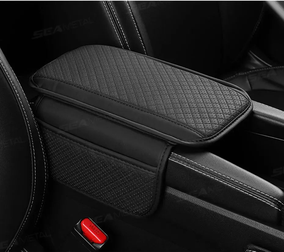 Leather Car Armrest Box Pad Memory Foam Center Console Arm Rest Protector Cover with Storage Pocket Elbow Rest Cushion