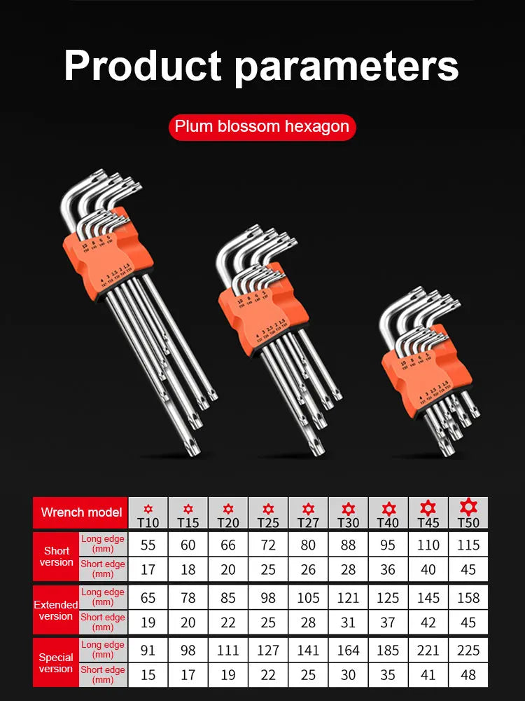 9Pcs Torx Star Wrench Kits Set Allen Keys Hexagon Spanner Key Set Plum Blossom Dual End L Type Star Screwdriver Hand Repair Tool