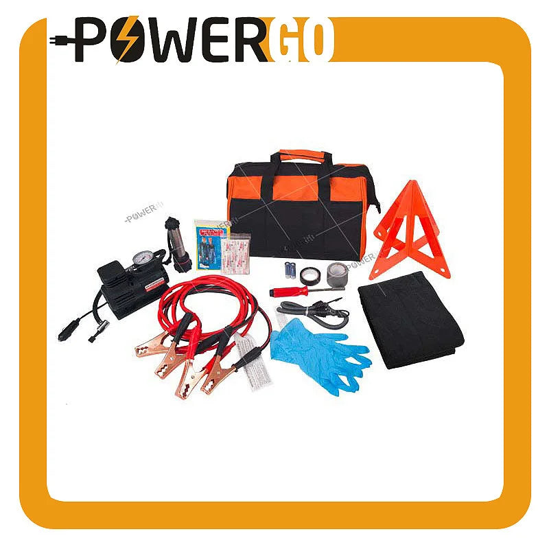 Roadside Assistance Car Emergency Kit + First Aid Kit Rugged Tool Bag Contains Jumper Cables, Tools, Reflective Safety Triangle