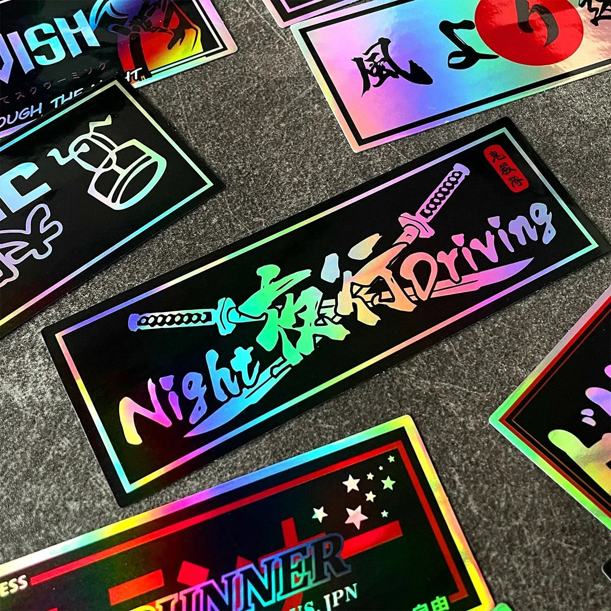 24PCS/Pack 12cm Long JDM Samurai Stickers Laser Rainbow Car Window Windshield Motorcycle Body Moto Helmet Accessories Decals