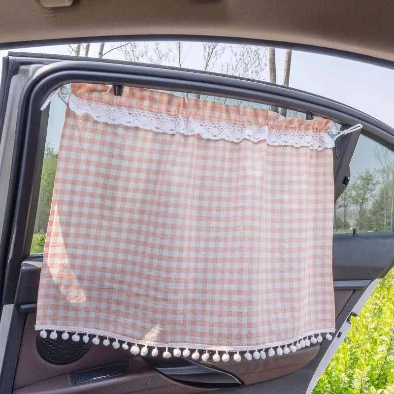 Car Side Window Sunshade Curtains Suction Cup Checkered Design Car Accessories Light-Blocking Lace Trim Car Privacy Curtains