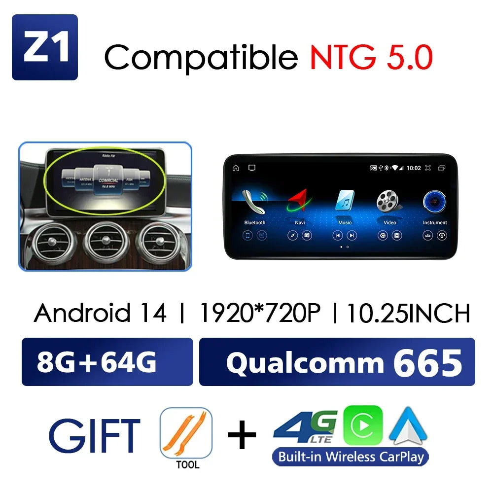 Android 14 Wireless CarPlay For Mercedes Benz C Class W205 Screen Android Auto Multimedia Navigation GPS SWC DSP 4G WiFi