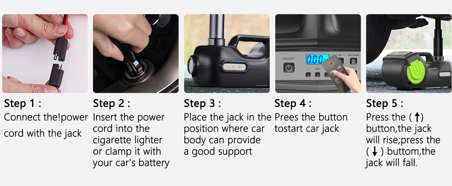 Electric Car Jack 5 Ton 4 in 1 Electric Hydraulic Jack 155-530mm With Electric Wrench Compressor LED Light