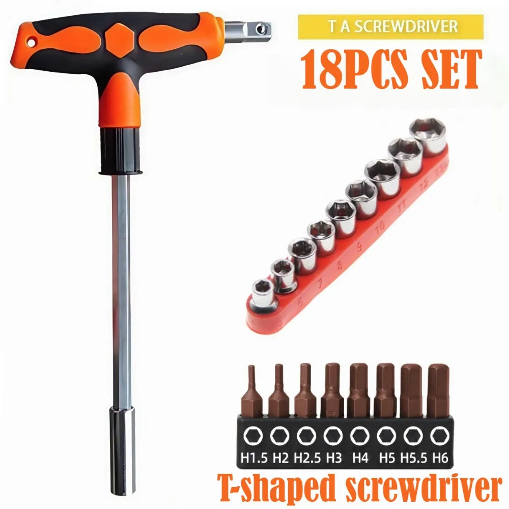 Screwdriver Set with T-shape Cross and Straight Slot Hexagon and Plum-shaped Heads Plus Socket Set for DIY Lovers Maintenance