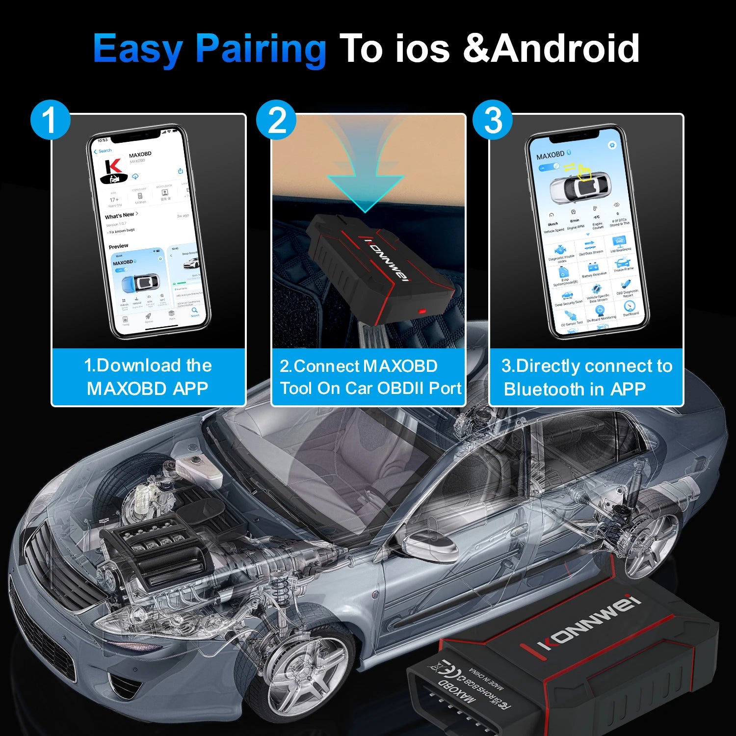 Newest Products Car All System Scanner KONNWEI MAXOBD Bluetooth 5.0 For Android And Ios Both With Free MAXOBD App On Mobile