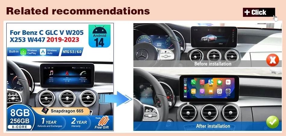 Android 14 Wireless CarPlay For Mercedes Benz C Class W205 Screen Android Auto Multimedia Navigation GPS SWC DSP 4G WiFi