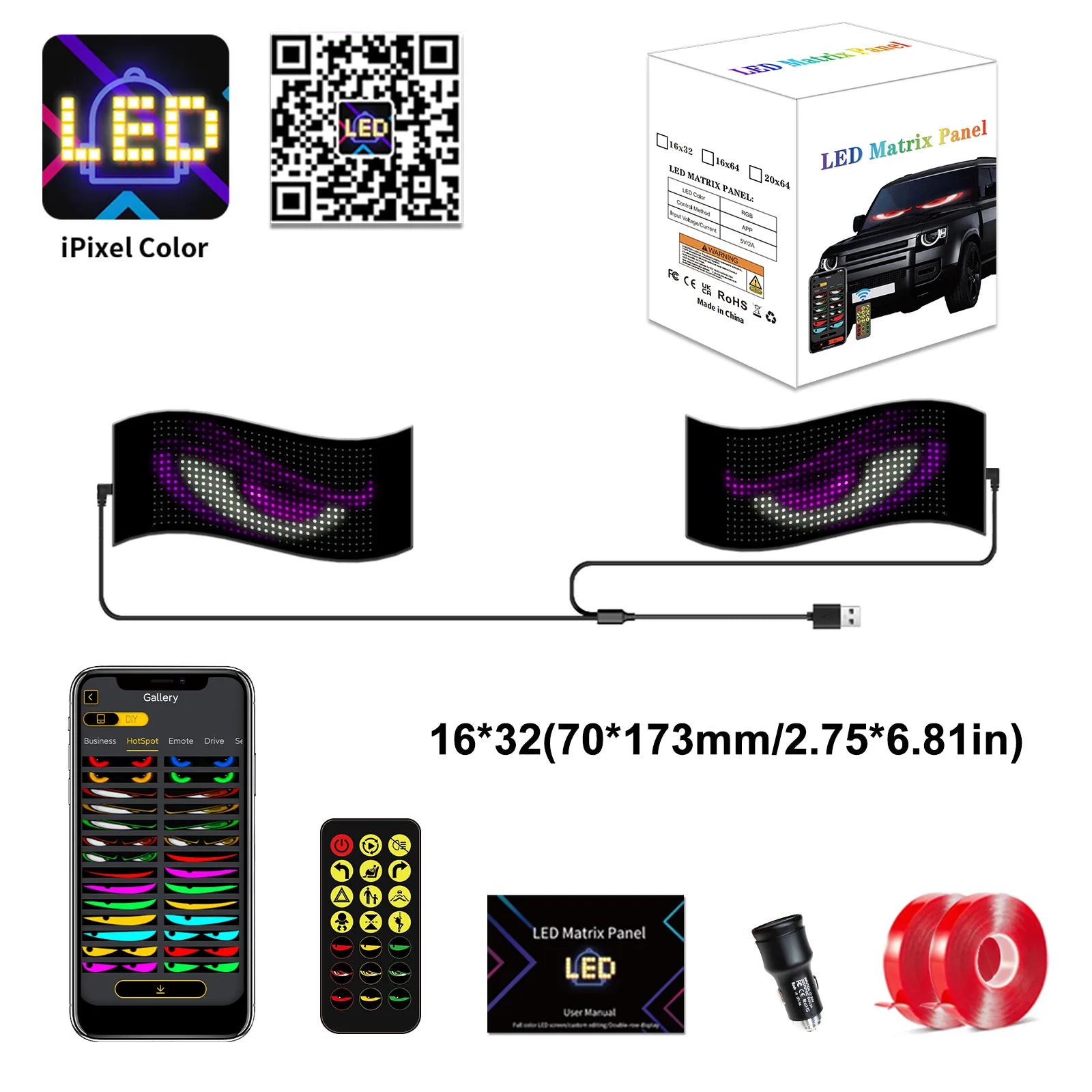 Dynamic Devil Eyes Light for Cars Truck Windshield Programmable LED Display Flexible Soft Screen Bluetooth APP Remote Control
