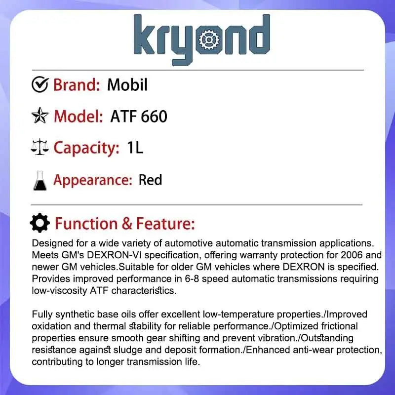 Mobil ATF 660 1L Excellent Low Temperature Properties Due To Synthetic Base Oils