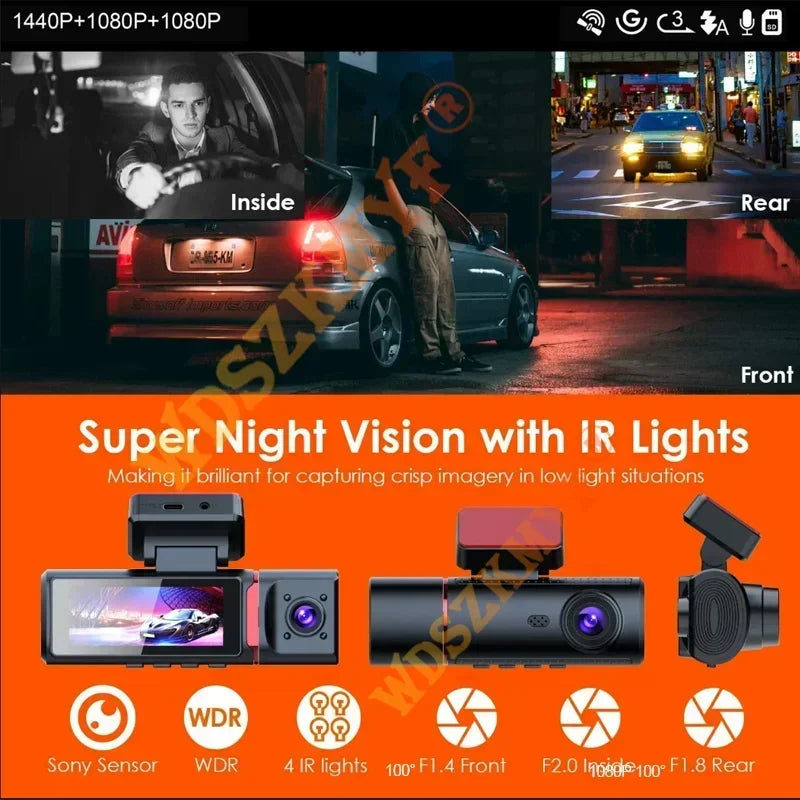 3 Lens Car DVR 4K WIFI GPS Car Dash Cam Video Recorder 1080P inside Front and Rear View Cameras 24H Parking Monitor Black Box