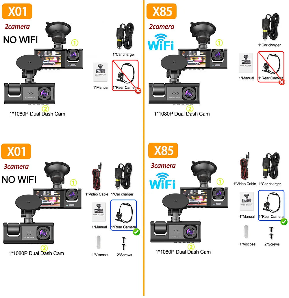 WIFI APP Control Car Dvr 3 Channel 1080P Dash Cam for Cars Front and Rear View Recorder Video Car Camera for Car Assecories