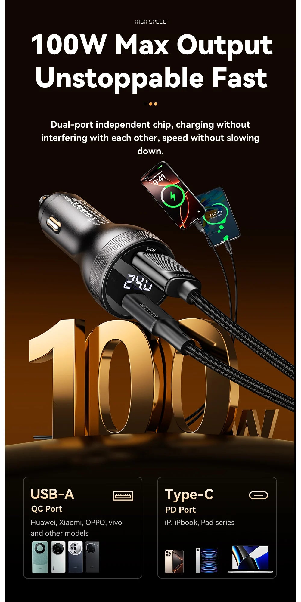 Essager 100W Car Charger USB C Quick Charge PD 45W for iPhone 15 pro 14  Xiaomi Poco Samsung Galaxy S24 Fast Charger Charging