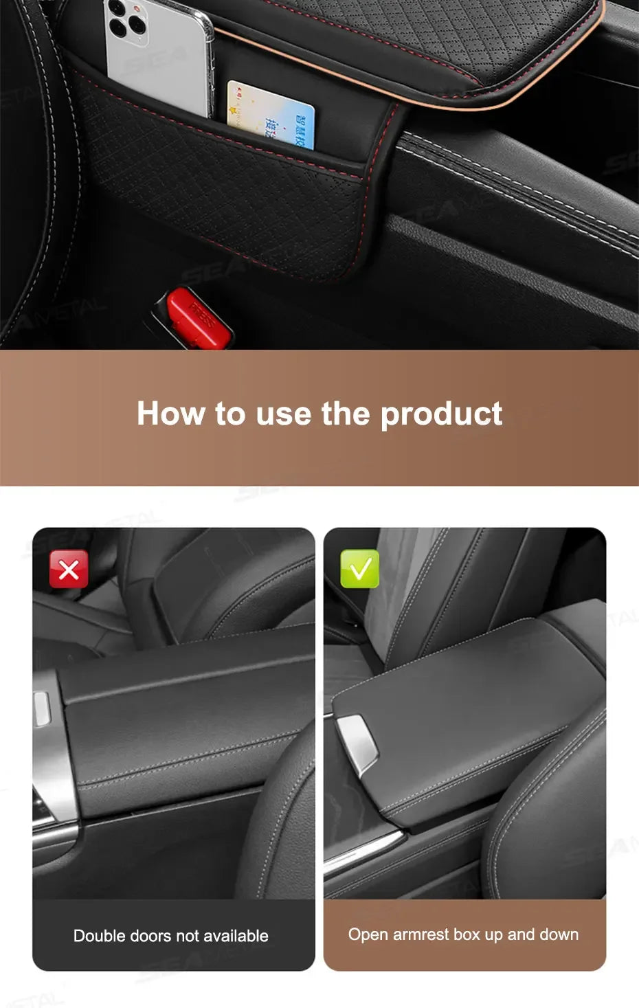 Leather Car Armrest Box Pad Memory Foam Center Console Arm Rest Protector Cover with Storage Pocket Elbow Rest Cushion