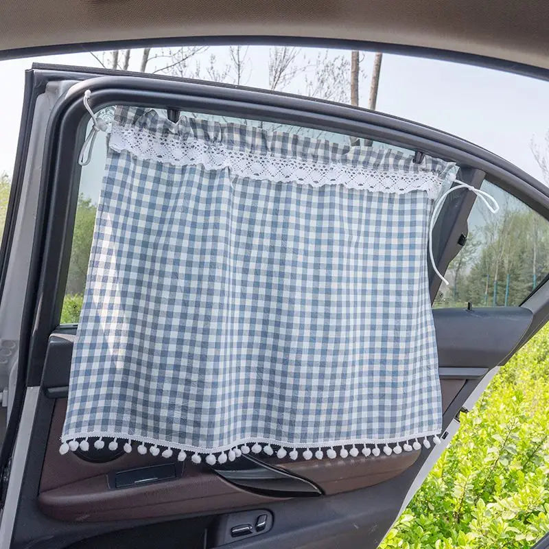 Car Side Window Sunshade Curtains Suction Cup Checkered Design Car Accessories Light-Blocking Lace Trim Car Privacy Curtains