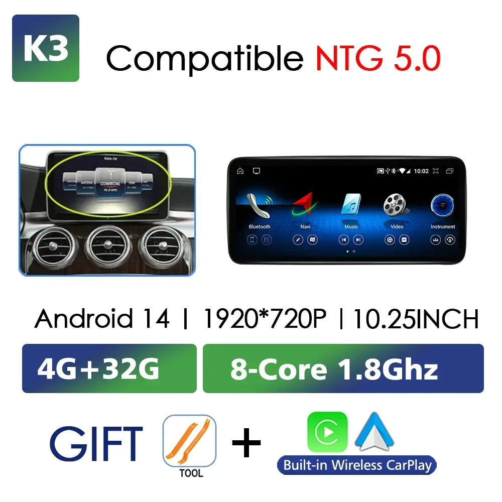 Android 14 Wireless CarPlay For Mercedes Benz C Class W205 Screen Android Auto Multimedia Navigation GPS SWC DSP 4G WiFi