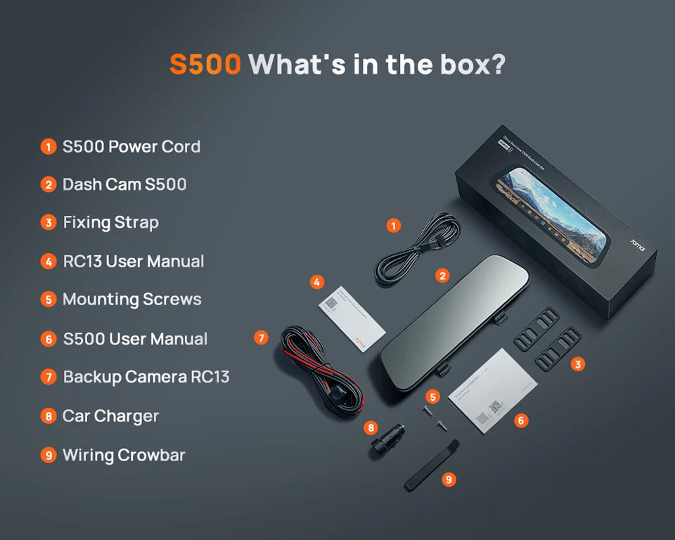 70mai Rearview Dash Cam S500 9.35'' Touch Screen 70mai S500 Car DVR 3K Super Capacitor Dual-Channel HDR Voice Control 24H Park