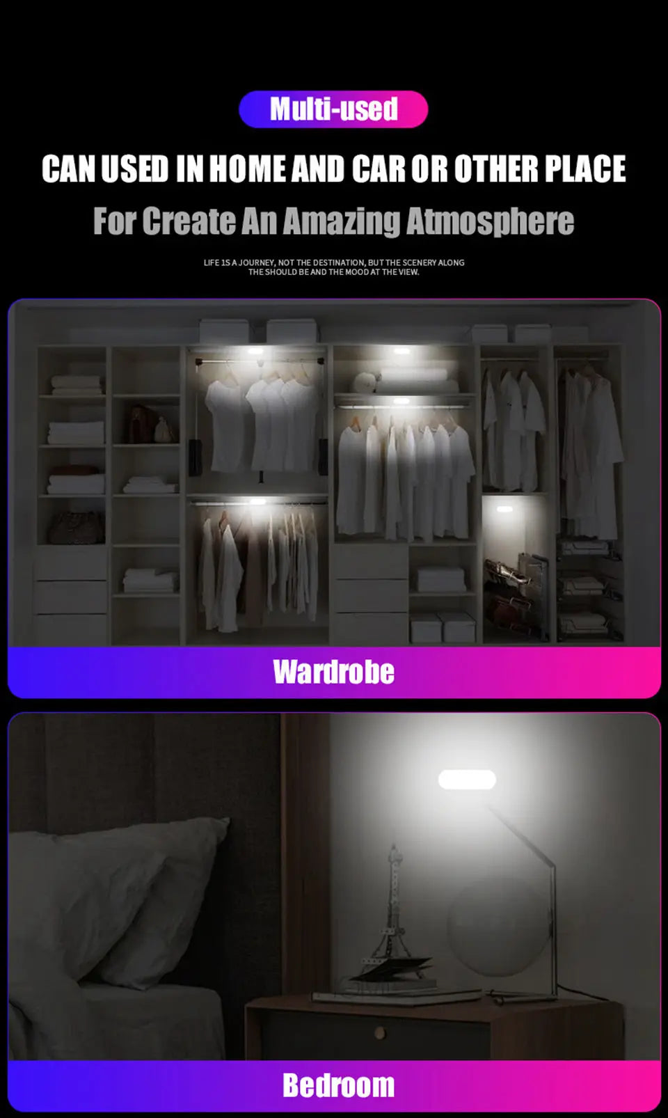 Car Interior Ambient Light USB Rechargeable Cabinet Light Room Decor RGB Lights Atmosphere LED Lamp Magnet Wireless Light
