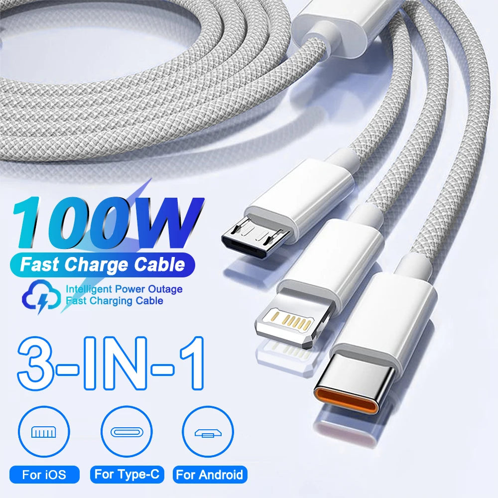 3IN1 100W 6A Car Fast Charging USB Cable For iPhone 14 13 12 11 15 17 16 Pro Max Samsung Xiaomi PD Cable Tablet Type C Data Cord